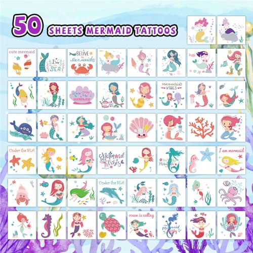 Mermaid Temporary Tattoos for Kids - 50 Sheets Ocean Party Favors