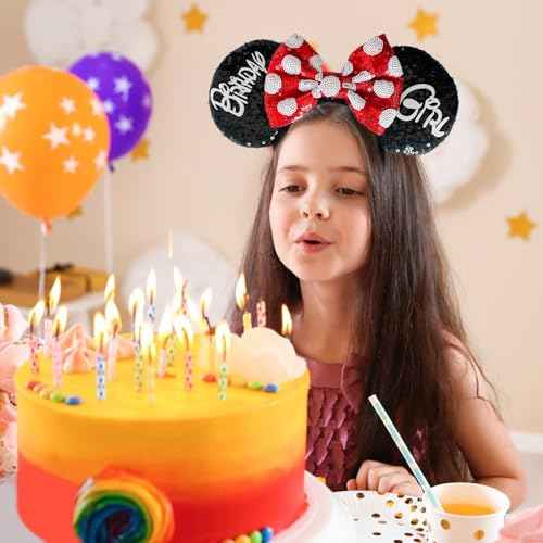Birthday Mouse Ears Headband, Sequin Bow Headbands for Women Party Favors Cosplay Accessories