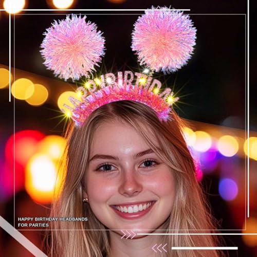 Pink LED Happy Birthday Crown Headband for Women - Glowing Pom Pom Hair Accessory