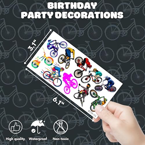 105 PCS Bike Temporary Tattoos Birthday Party Decorations Supplies Favors Black Bycicle Street Mountain Road Bike Sports Decor Stickers For Boys Girls Gift School Prizes Rewards