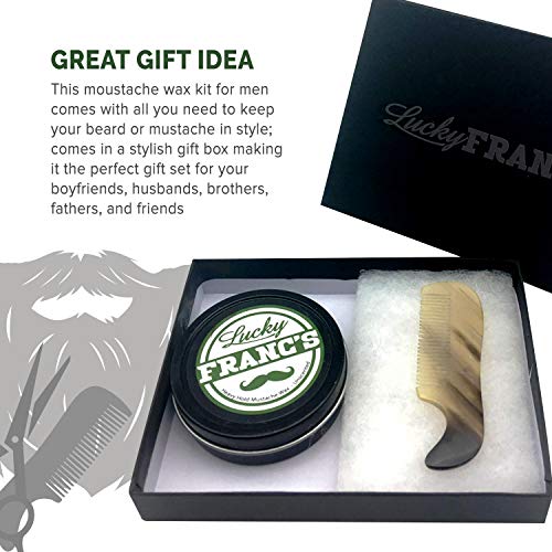 Lucky Franc's 2 oz. Strong Hold Mustache Wax and Real Ox Horn Comb Grooming Set. Wax that Stache in Style. Unscented Natural Moustache Wax and Stache or Beard Comb. Handmade Gift Set for Men