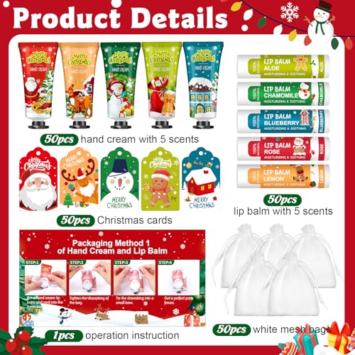 VESPRO 50 Pack Christmas Hand Cream and Lip Balm Gift Set, Bulk Christmas Gifts with Christmas Cards and Organza Bag, Christmas Decorations, Party Favors and Stocking Stuffers for Women