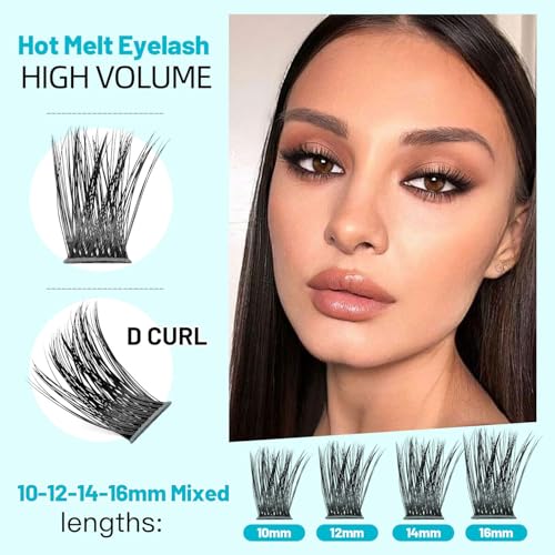 Hannahool10Rows Mixed 10-12-14-16mm /8-10-12-14mm Individual False Eyelashes D Curl Wide Stem Makeup Cluster Eyelashes Natural Volume Eye Lashes Extensions (HD-lashes kit-10-12-14-16MM Mixed)