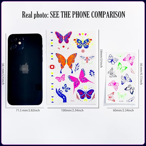 UV Neon Temporary Tattoos - 12 Sheets Glow in Dark