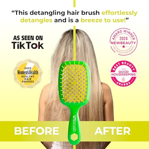 FHI Heat UNbrush Detangling Brush for Pain-Free Brushing on All Wet or Dry Hair Types — Durable DuoFlex Anti-Static Bristles, Lightweight Handle, Vented Hair Brush, Lemon Lime Green