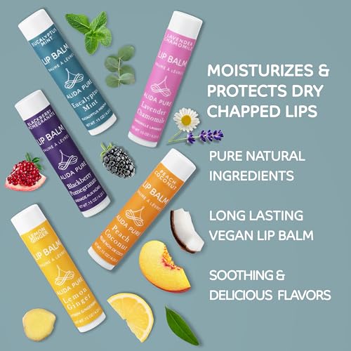 ALIDA PURE Duet Lip Balm Collection, Vegan, Lip Balm Set, Coconut Oil Free, Avocado Oil, Organic Jojoba Oil, Vitamin E Oil, Vegan, Lip Oil Set for Dry Cracked Lips, 5 Tubes of Lip Balm per Set