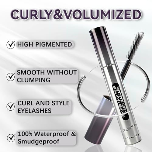 Feather Lash Iron Wand Mascara, Dual-Wing Brush Metal Mascara 2-in-1 Primer, Topcoat, 3D Curling Natural Length & Volume Mascara No Clumps Long Lasting Smudge-Proof