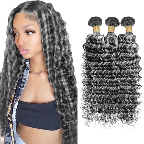 Gray Deep Wave Human Hair Bundles 24 Inch - Brazilian Virgin Remy, Full & Bouncy
