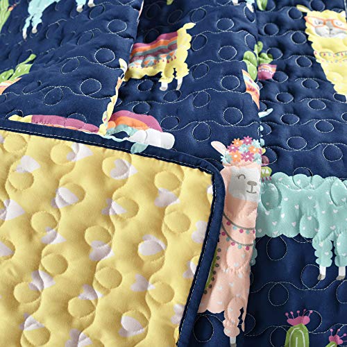 Lush Decor Southwest Llama Cactus Throw Blanket, 50" W x 60" L , Yellow & Navy - Toddler Blanket - Cute Reversible Boho Quilted Throw for Kids Room