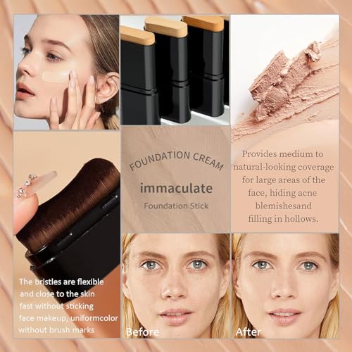 Flawless Face Foundation Stick,2-in-1 Long-Lasting Concealer Foundation Stick with Brush,Multi-Use Makeup for Dark Circles & Blemishes,Waterproof Thin Contour Sticks for Face Makeup (02#Natural)