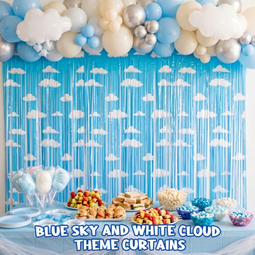 XunYee 3 Pack Cloud Fringe Backdrop Foil Curtains - Blue Sky & White Clouds Theme