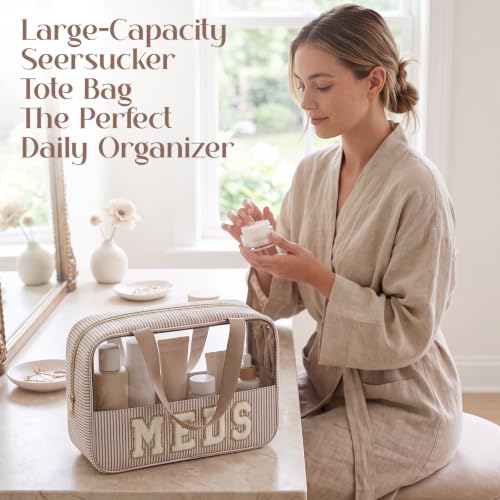 Seersucker Makeup Bag with Chenille Letter & Handle, 11.8"
