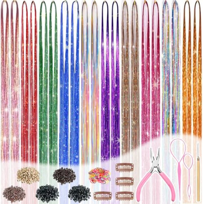 48-Inch Hair Tinsel Kit - 20 Pcs Glitter Strands for Parties