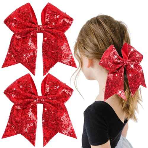 OAOLEER 2PCS Glitter Cheer Hair Bow Clips for Girls, 7 inch Red Sequin Large Hair Bows Hair Accessories for Girls Teen Softball Cheerleader (Red)