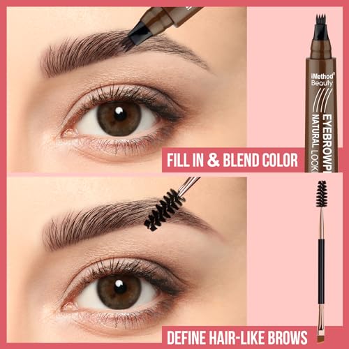 iMethod Eyebrow Pen - Eyebrow Pencil Magical Upgraded Eye Brow Pencils for Women with 4 Fork Tip & Spoolie Brush for Hair-Like Natural Brows, Last All-Day, Microblading Eyebrow Pen, Dark Brown