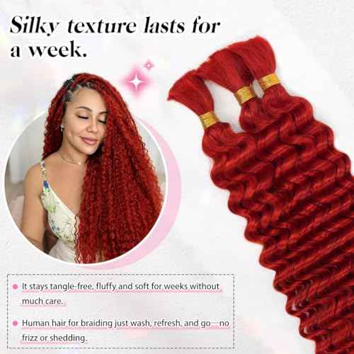 12 Inch Deep Wave Human Braiding Hair for Boho Braids ? 120g 3 Bundles/Pack Red 100% Unprocessed 12A Brazilian Virgin Human Hair Bulk, No Weft, Wet & Wavy Curly Extensions