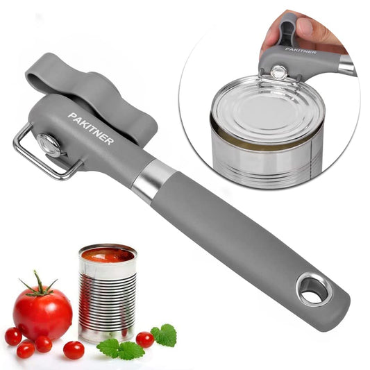 PAKITNER- Cut safe can opener, Manual can opener smooth edge - handheld Side cut can opener with Sharp Blade, Comfortable Grip Handle Food Grade Stainless Steel Cutting Can Opener, Gray