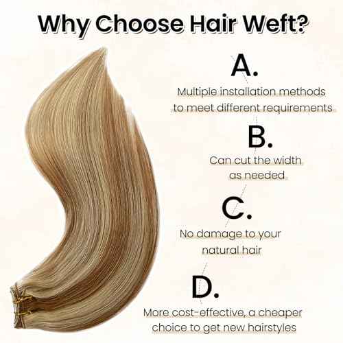 18 Inch Human Hair Weft Sew in Hair Extensions Real Human Hair Hand Tied Weft Hair Extensions Color 12/613 Golden Brown to Bleach Blonde Highlight Human Hair Bundles Straight Remy Hair Wefts 100 Gram