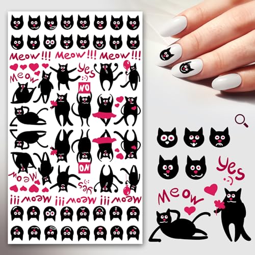 Nail Stickers Decals (5 Sheets) FLONZNAIL Funny Mysterious Black Cat Faces and Poses Nail Decor Transfer Vintage Styled Stickers