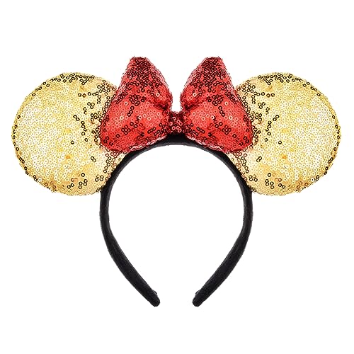 A Miaow 3D Black Mouse Sequin Ears Headband MM Glitter Butterfly Hair Clasp Park Supply Adults Women Photo Accessory (Golden and Red)