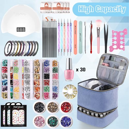Corduroy Nail Polish Organizer and Nail Lamp Case, Nail Kit Organizer Holds 30 Bottles (15ml - 0.5 fl.oz) and a Nail Lamp, Nail Polish Carrying Case with Manicure Tools Storage Sections (Blue)