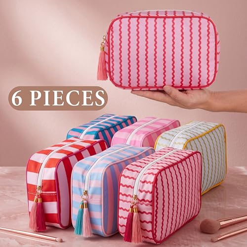 Kacctyen 6 Pack Striped Makeup Bags with Tassel - Travel Cosmetic Pouch