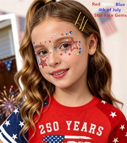 Go Ho 4th of July Star & Round Face Gems, 4 Sheets Self-Adhesive Patriotic Rhinestones – 02 Style