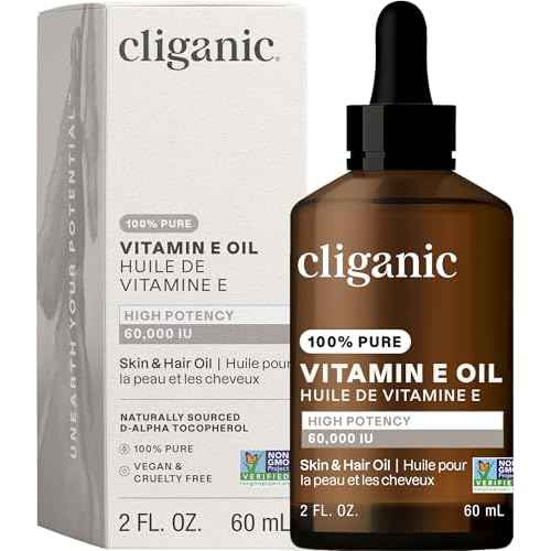 Cliganic Pure Vitamin E Oil for Skin, Scars, Hair & Face - 60,000 IU, Non-GMO Verified | Natural D-Alpha Tocopherol