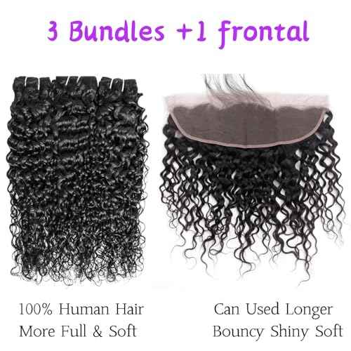 Human Hair Bundles Water Wave Bundles Human Hair With Frontal Closure (26 26 26+18£¬Free Part) 12A Curly 3 Bundle With 13x4 HD Lace Frontal With Baby Hair 1B# Curly Wave Human Hair Extensions