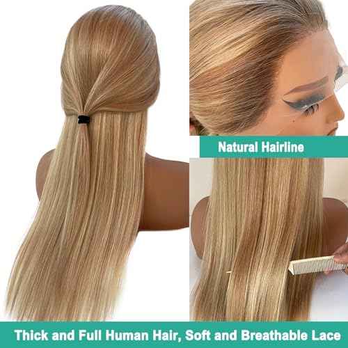 Munx Highlight Ombre Ash Blonde Lace Front Wigs for White Women, 13X4 Lace Frontal Human Hair Wig Brown Mixed Blonde Colored Glueless Pre Plucked Long Wigs with Tiny Knots 24in