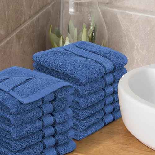 COTTON CRAFT Ultra Soft Washcloths - 12 Pack Luxury Washcloths - 100% Cotton Plush Absorbent 580 GSM Face Towels - Machine Washable Quick Dry Durable Wash Cloth Set - Bathroom Spa Gym Skincare - Blue