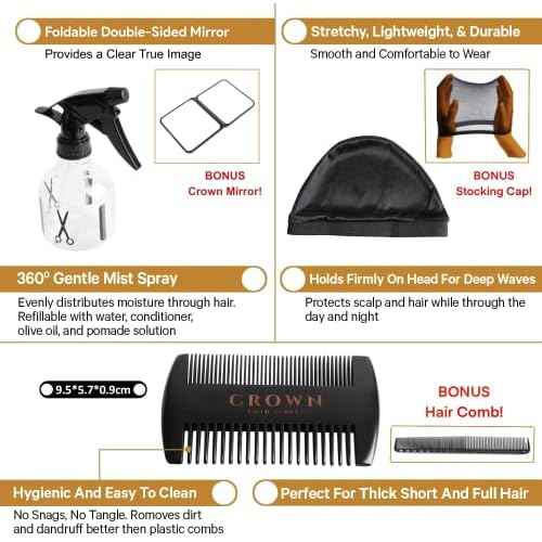 11-in-1 Deluxe Wave Hair Care Set - 3 Durags, Wave Brush, Bristle Beard Brush, Wave Comb, Spray Bottle, 2 Stocking Caps, Mirror for Men