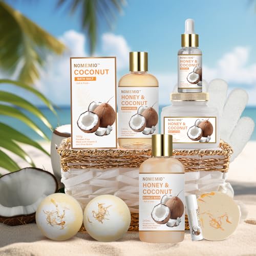 Valentine's Day Gift Baskets, Spa Gift Basket for Women, 11pcs Honey & Coconut Luxury Bath Gift Set, Spa Kit with Shower Gel, Bubble Bath, Bath Bombs , Beauty Gifts for Her, Women, Mom Birthday