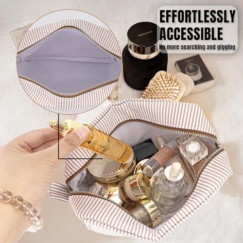 MT WORLD Personalized Cosmetic Bag for Women Girls Brown Seersucker Makeup Organizer