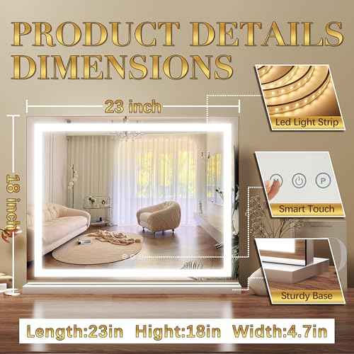 ROLOVE 23x18 Inch Lighted Vanity Mirror, 3-Color Dimmable LED & Touch Control - Large Makeup Mirror for Dressing Room (Wall/Tabletop Mount)