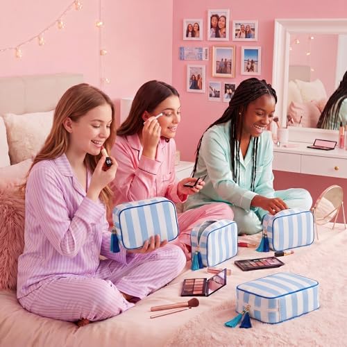 Kacctyen 6-Pack Blue Striped Makeup Bags with Tassel - Travel Toiletry Organizer