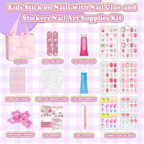 144 Pcs Press on Nails for Kids, Girls Fake Nails with Glue Kit, Cute Nails Tips with Jelly Nail Adhesive Teen Stick ons Acrylic Nails Gift Set for Girls 8-12