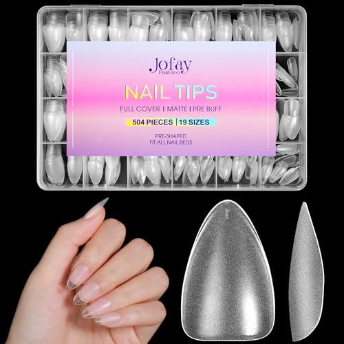 Short Almond Nail Tips 504Pcs, Jofay Fashion Pre-shaped & Etched Acrylic Fake Nails Full Cover Almond Clear Gel Nail Tips Full Matte False Nails Press On Nails for Nail Extensions DIY Salon 19 Sizes