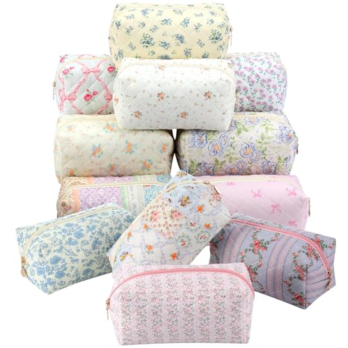 Qinyoung 12 Packs Quilted Makeup Bag Flower Theme Toiletry Cosmetic Bag Aesthetic Makeup Pouch Floral Emergency Kit Pouch for Traveling