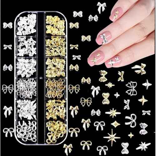 150PCS Gold Bow Nail Charm 3D Silver Nail Bows 12 Styles Mini Alloy Bowknot Diamonds Butterfly Gems Christmas Wedding Prom Crystal Rhinestones Decoration for Women Girls Crafts DIY 4
