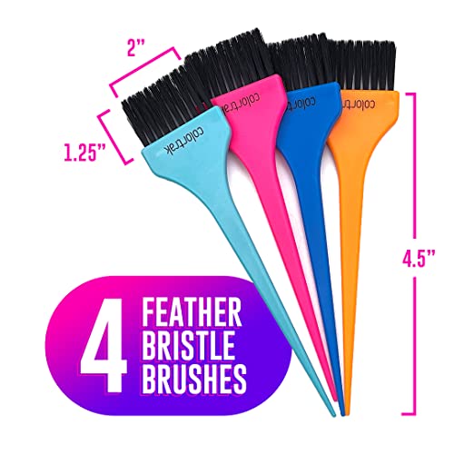 Colortrak Professional Hair Coloring Kit (12 Pieces), Color Like a Pro with 4 Extended Length Carbon Fiber Combs, 4 Feather Bristle Brushes, 4 Rubberized Croc Clips