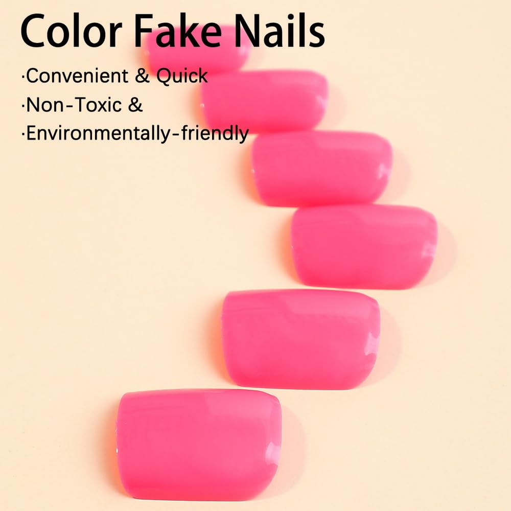 Press on Nails Square Medium Fake Nails Glossy Rose Red False Nails Glue on Acrylic Nails Reusable Glue on Nails for Women 24Pcs