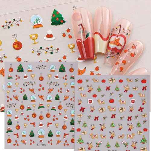 Christmas Nail Stickers - Christmas Nail Decals with Santa Claus Snowflake Elk Deer Snowman Xmas Tree Designs Winter 3D Xmas Nail Art DIY Decor Holiday Nail Stickers for Women (8 Sheets)