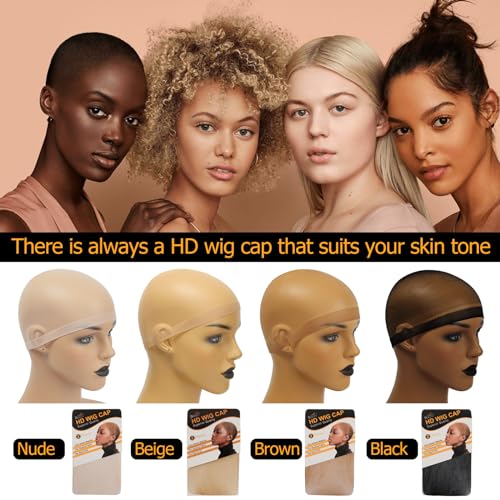 BEEOS Dark Brown Skinlike HD Wig Cap for Women, 4 Pieces Invisible Ultra-thin Stretchy Stocking Caps for Lace Front Wigs