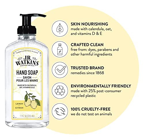 J.R. Watkins Liquid Hand Soap With Dispenser, Moisturizing Hand Soap, Alcohol-Free Hand Wash, Cruelty-Free, USA Made Liquid Soap For Bathroom or Kitchen, Lemon, 11 Fl Oz, 3 Pack