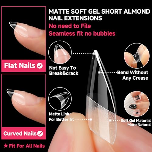UNA GELLA Extra Short Almond Gel Nail Tips - 504 Pcs Pre-Etched Half Cover