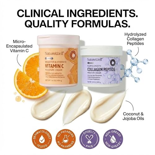 NATURE WELL Clinical Vitamin C 16oz & Collagen Peptide 10oz Moisturizing Cream Bundle for Face, Body, & Hands, Plump & Nourish, Brighten & Smooth, Provides Intense Hydration For Dry & Dull Skin