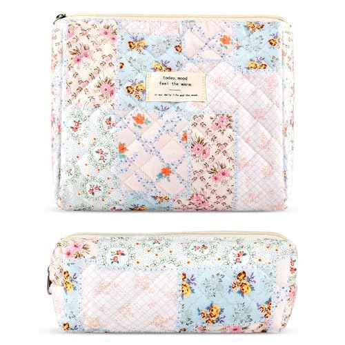 2Pcs Quilted Cotton Makeup Bag Large Travel Makeup Pouch Small Brush Holder Set for Women Cute Floral Coquette Makeup Bag Aesthetic Cosmetic Bag Flower Bee Toiletry Organizer Storage Bag Zipper Pouch