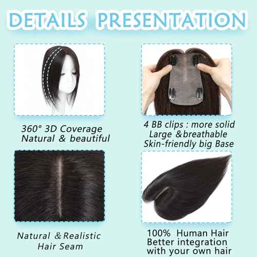 Hair Toppers for Women Real Human Hair, Realistic Biological Scalp Toppers HairPieces for Women with Thinning Hair Middle Part Clip in Bangs Big Base 360¡Æ 3D Cover (Dark Brown, 18 Inch)