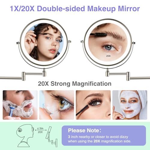 Magnifying Mirror with Lights 1X/20X: 8.5" Double Sided 3000mAh Rechargeable Wall Mounted Lighted Makeup Mirror for Bathroom, Brushed Nickel